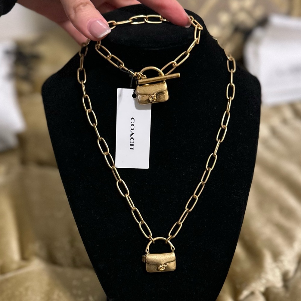 NWT! COACH Gold Tabby Bag Charm Necklace and Bracelet Set